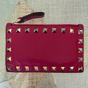 Valentino Garavani Raspberry Leather Studded card case wallet